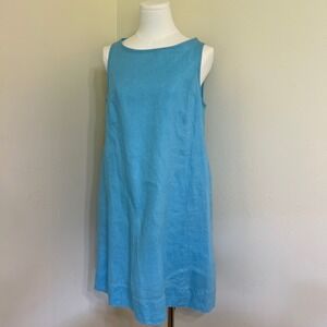 J.Jill Love Linen Blue Sleeveless Shift Dress XS Petite Ladder Lace Trim Pockets